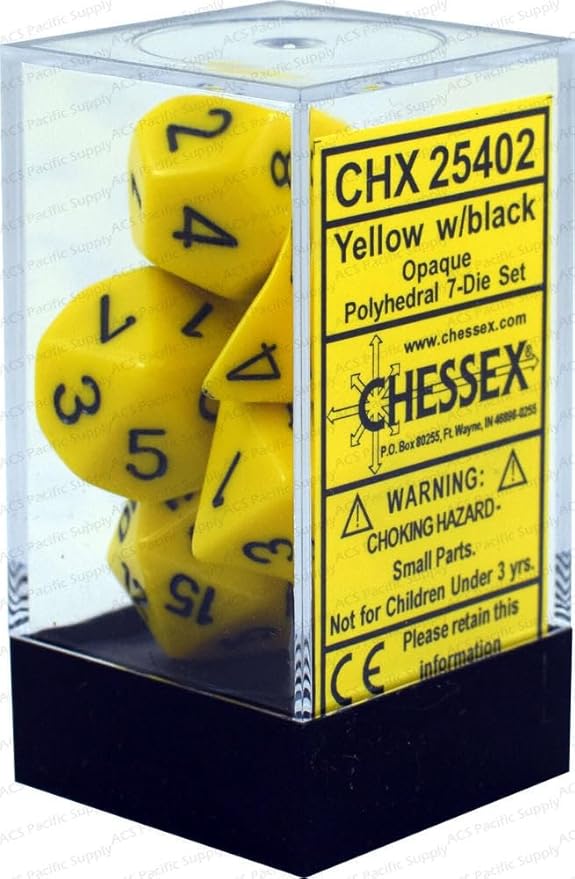 Opaque yellow 7-die set from Chessex, featuring black numbers, displayed in a clear plastic case.