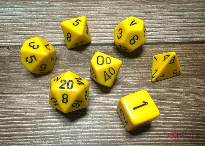 Chessex opaque yellow 7-die set featuring various dice including d4, d6, d8, d10, d12, d20, and percentile die.