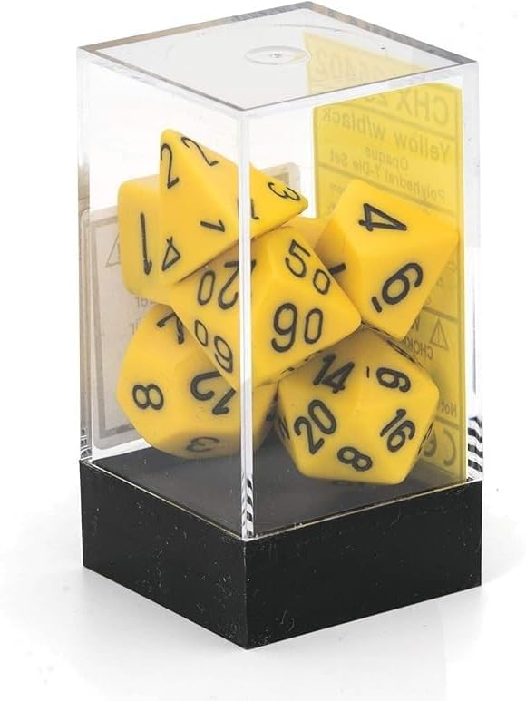 Chessex opaque yellow 7-die set displayed in a clear plastic case with black base, featuring bold black numbers.