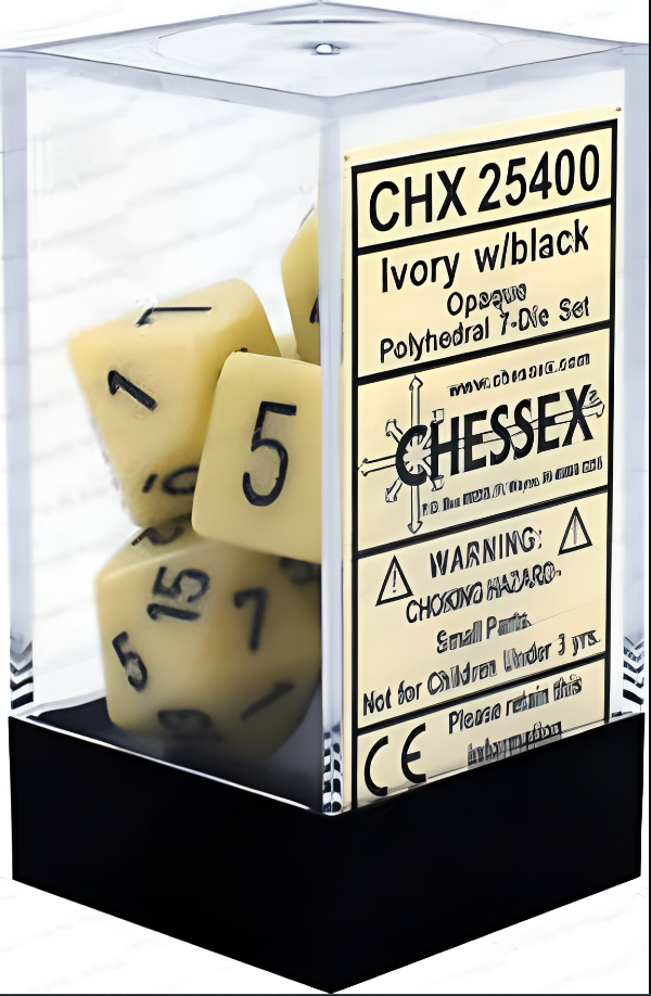 Chessex Opaque Ivory and Black 7-die set displayed in a clear box, featuring polyhedral dice with black numbers.