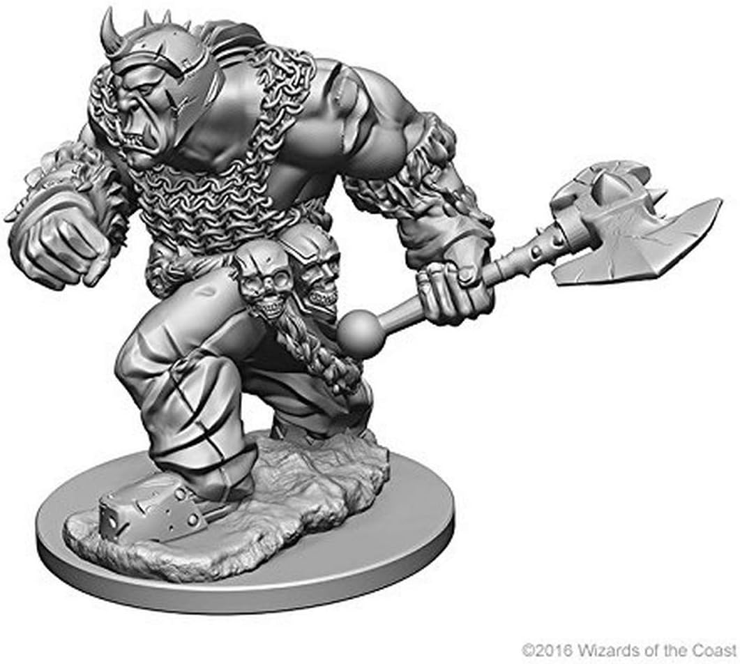 Unpainted miniature of an orc warrior from Dungeons & Dragons, featuring detailed armor and a large axe.