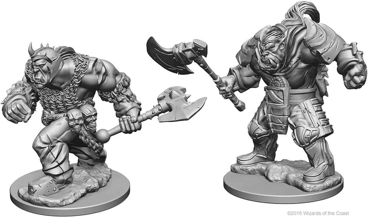 Two unpainted Orc miniatures from Dungeons & Dragons Nolzur's Marvelous Miniatures, featuring detailed armor and weapons.