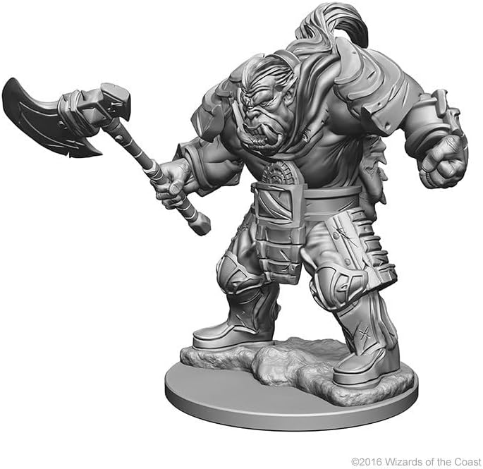 Unpainted miniature of an orc wielding a large axe, designed for Dungeons & Dragons tabletop gaming.