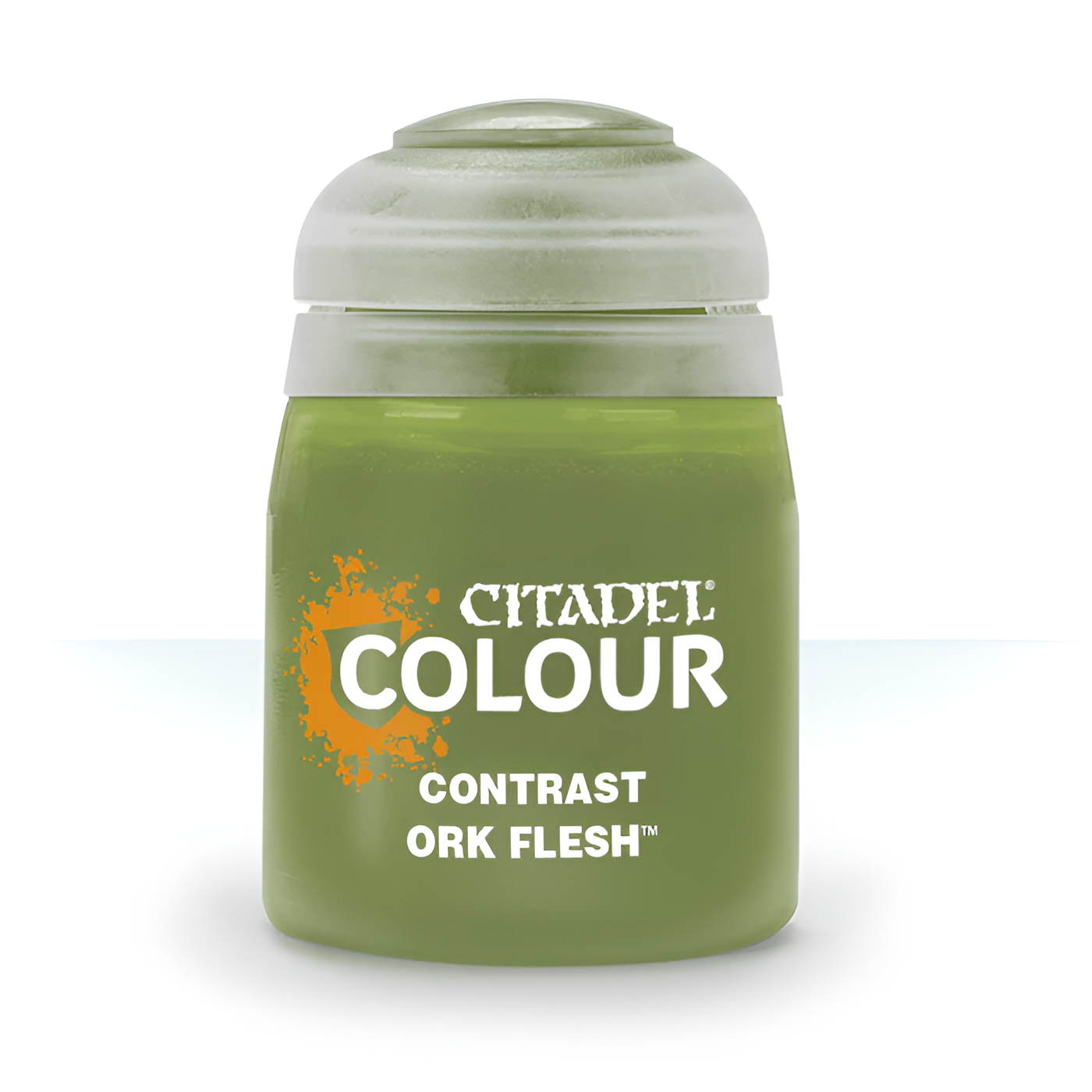 Citadel Contrast Ork Flesh paint in an 18ml container, featuring a vibrant green color for miniature painting.