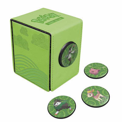 Green Pokémon Alcove Click deckbox featuring Morning Meadow design, with four matching character tokens.