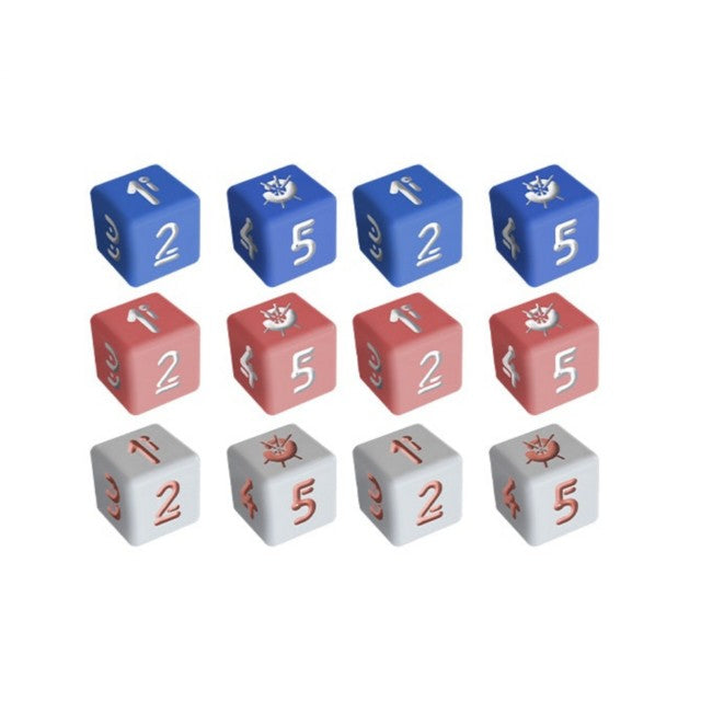 D6 dice set featuring blue, red, and white colors with numbers and symbols, ideal for tabletop gaming. Preorder available.