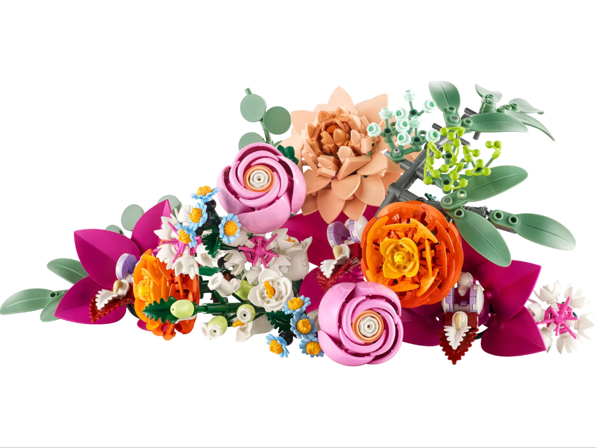 Colorful LEGO flower bouquet featuring pink roses, orange blooms, and green leaves, ideal for decoration or gifting.