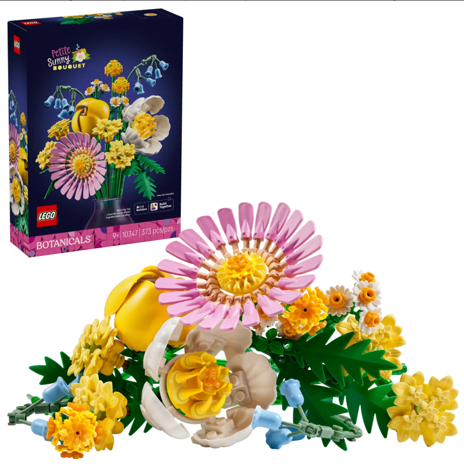 LEGO Petite Sunny Bouquet set (10347) features colorful flower builds and leaves, showcasing a vibrant floral arrangement.