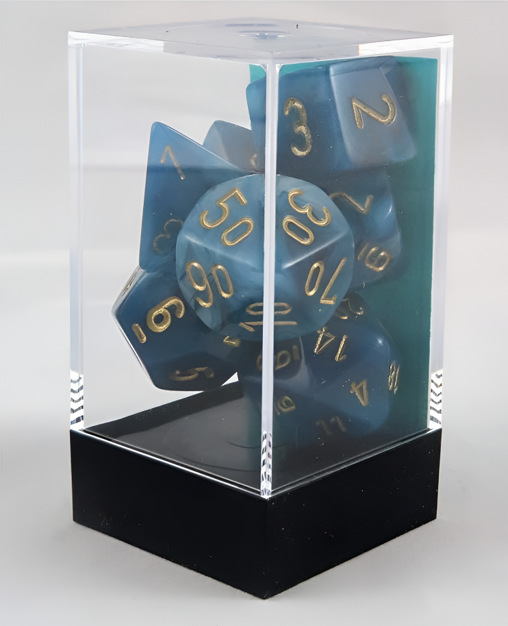 Chessex Phantom Teal and Gold 7-die set displayed in a clear case, featuring translucent teal dice with gold numbering.