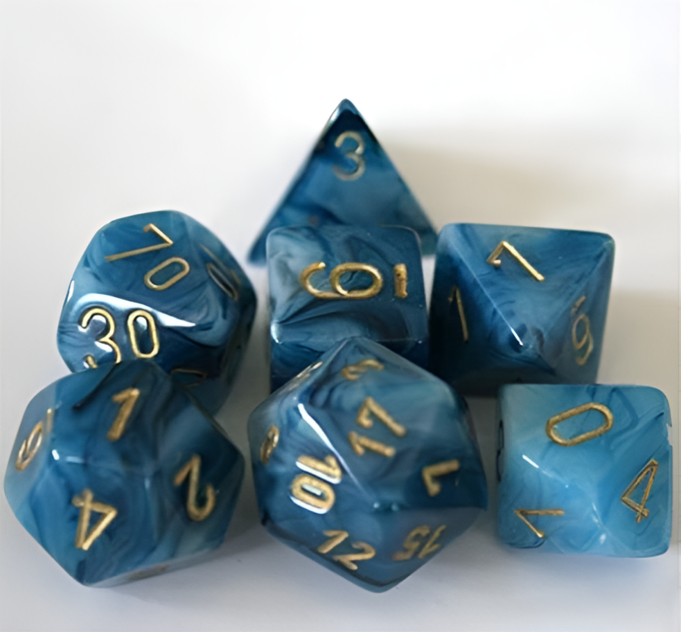 Chessex Phantom Teal and Gold 7-die set featuring marbled teal dice with gold numbering for tabletop gaming.