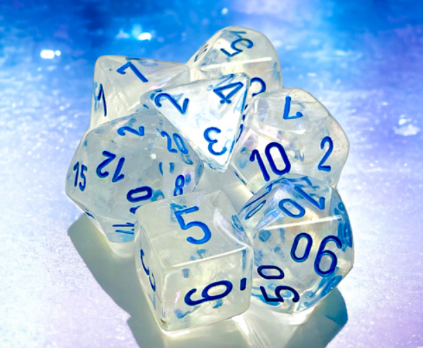 Chessex Borealis polyhedral 7-die set in icicle and light blue, featuring translucent dice with blue numbers.