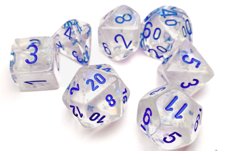 Chessex Borealis polyhedral 7-die set in icicle and light blue, featuring translucent dice with blue numbers.