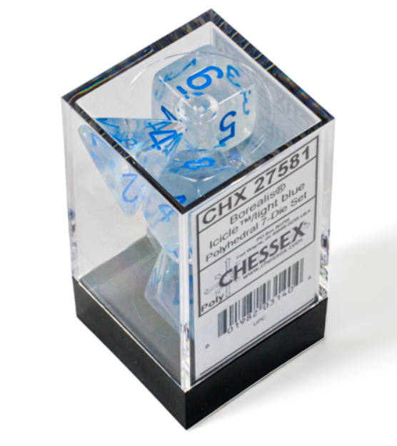 Chessex Borealis Icicle/Light Blue Luminary 7-die set displayed in a clear box, featuring blue numbers on translucent dice.