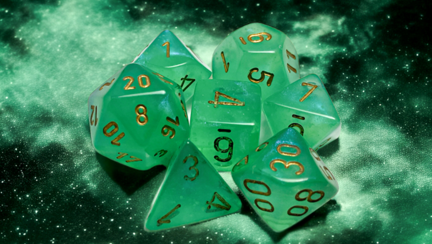 Chessex Borealis Light Green and Gold Luminary 7-die set showcasing translucent polyhedral dice with gold numbering.