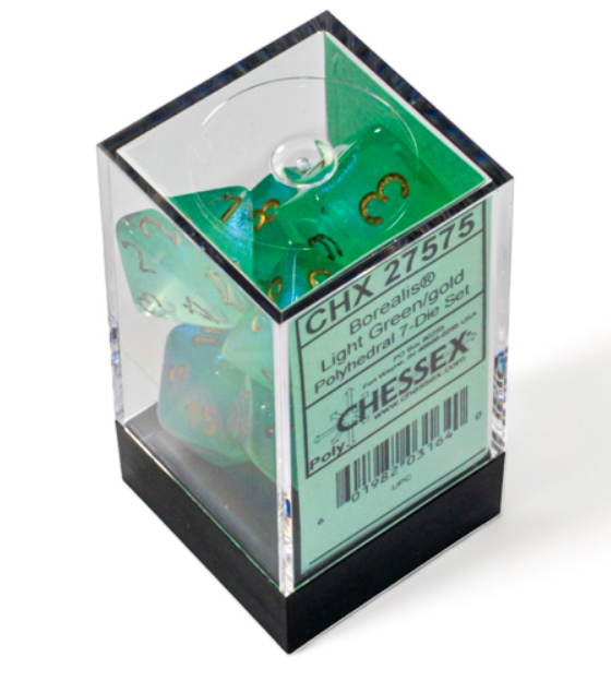 Chessex Borealis light green and gold polyhedral 7-die set displayed in a clear packaging with a black base.