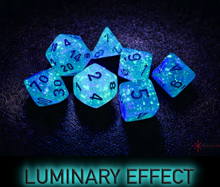 Chessex Borealis Light Green and Gold Luminary 7-die set glowing in the dark, showcasing vibrant numbers and sparkles.