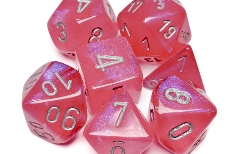 Chessex Borealis pink and silver luminary polyhedral 7-die set featuring shimmering dice with engraved numbers.