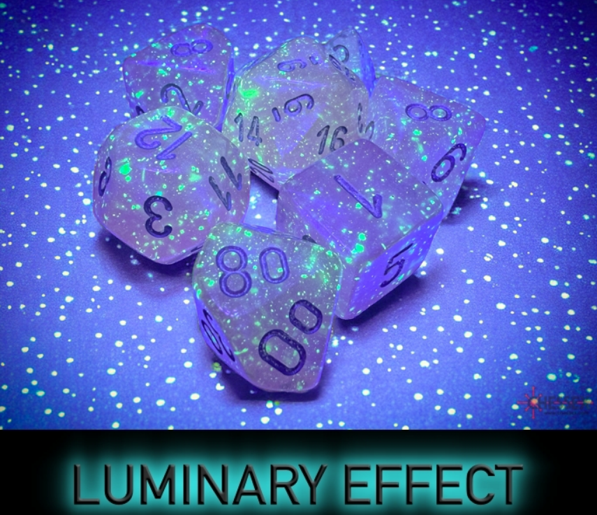 Chessex Borealis pink and silver luminary polyhedral 7-die set glowing under UV light, showcasing vibrant colors and numbers.