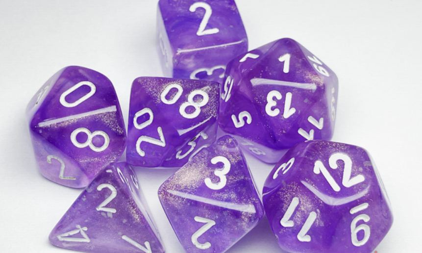 Chessex Borealis purple and white luminary polyhedral 7-die set featuring clear, sparkly dice with white numbers.