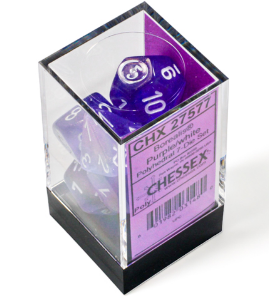 Chessex Borealis polyhedral purple and white luminary 7-die set displayed in a clear box with a purple label.