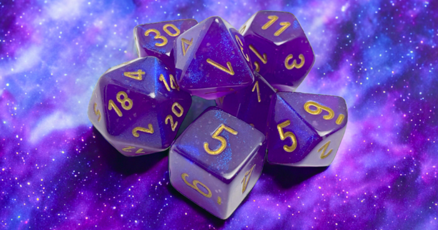 Chessex Borealis Royal Purple and Gold Luminary 7-die set featuring shimmering polyhedral dice on a cosmic background.