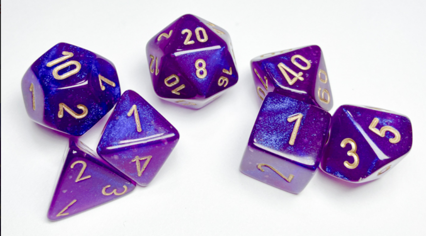 Chessex Borealis polyhedral die set in royal purple with gold numbering, featuring seven unique dice for tabletop gaming.