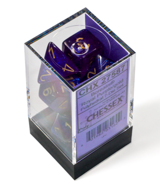Chessex Borealis Polyhedral Royal Purple/Gold Luminary 7-Die Set displayed in a clear box, showcasing vibrant purple dice with gold numbers.