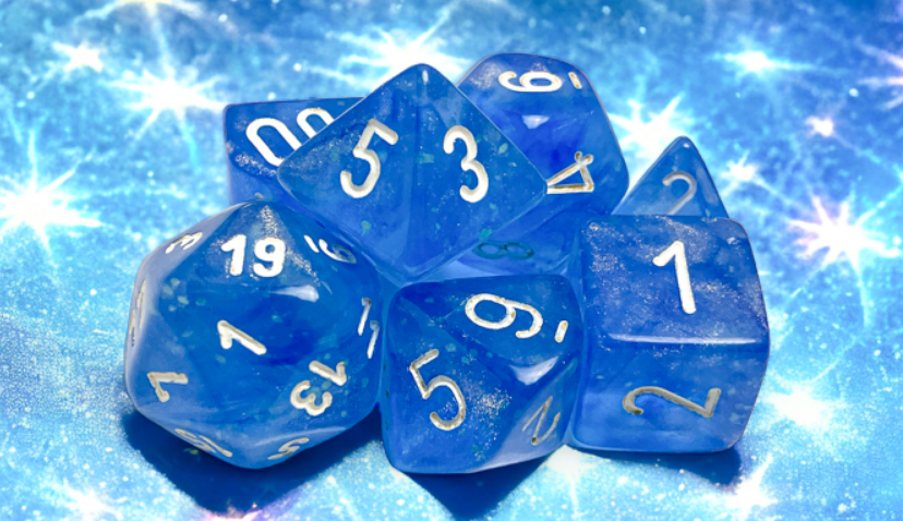 Chessex Borealis polyhedral dice set in sky blue and white, featuring seven dice with white numbers on a sparkling background.