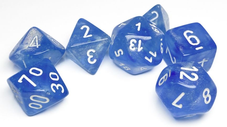 Chessex Borealis Sky Blue and white polyhedral 7-die set featuring shimmering blue dice with white numbers.