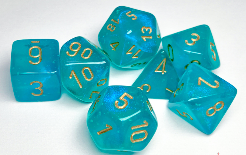 Teal and gold Chessex Borealis polyhedral 7-die set featuring shimmering translucent dice with gold numbering.