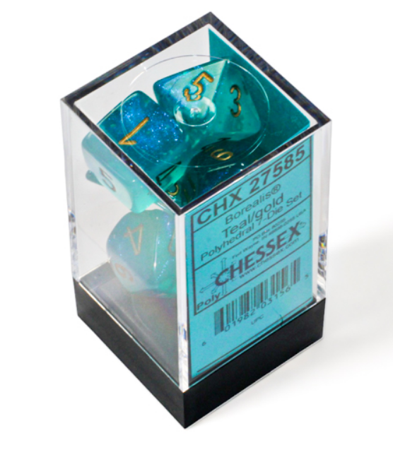 Chessex Borealis teal and gold luminary 7-die set displayed in a clear box, showcasing vibrant colors and intricate designs.
