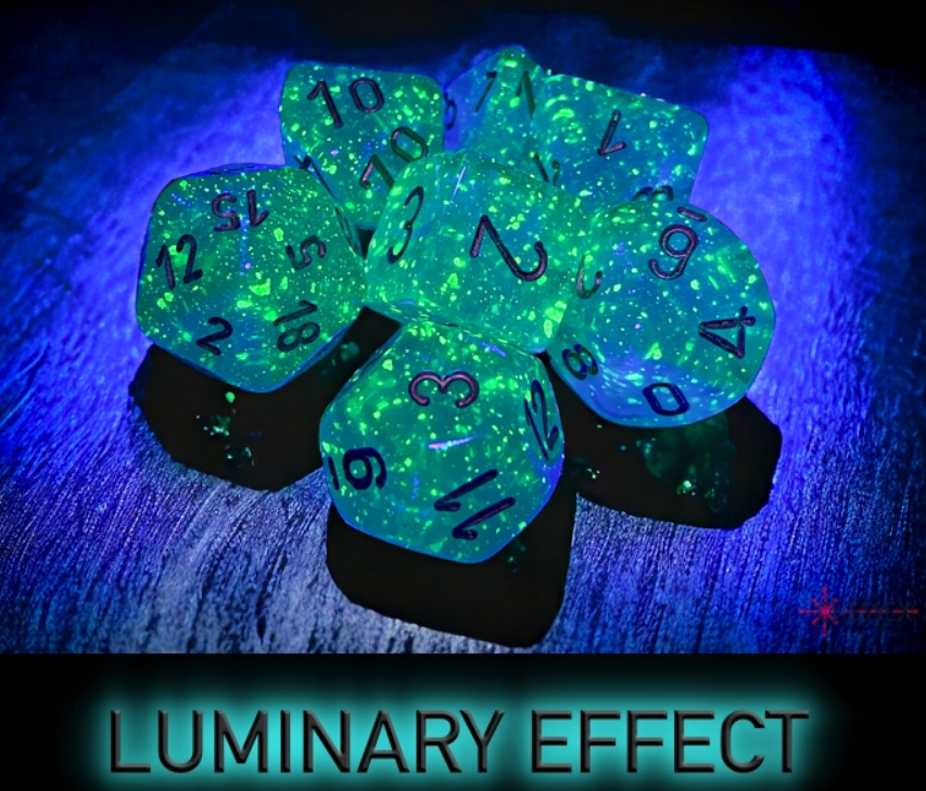 Teal and gold luminary polyhedral dice set glowing under UV light, showcasing vibrant numbers and a sparkling finish.