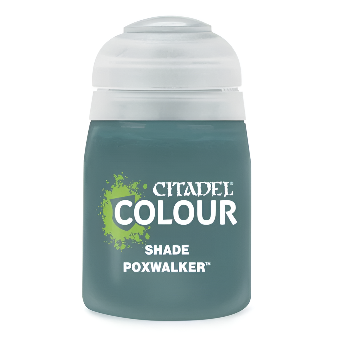 Citadel Colour Shade Paint in Poxwalker, 18ml bottle, featuring a dark greenish hue for miniature painting.