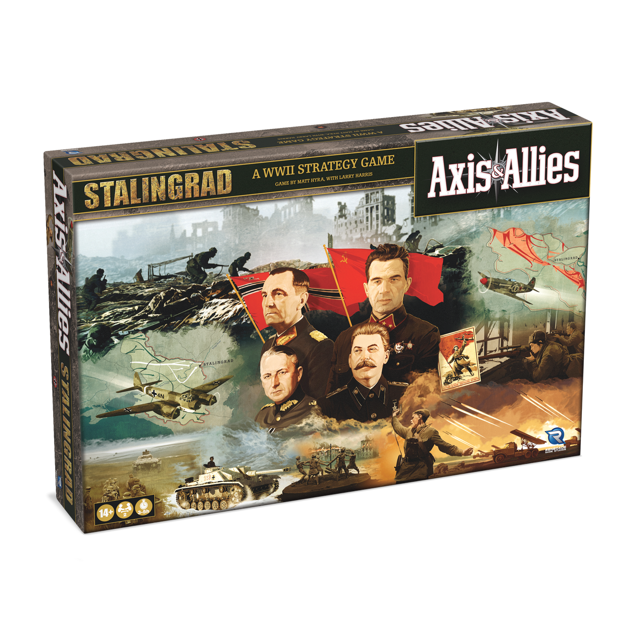 Axis and Allies: Stalingrad board game box featuring WWII strategy elements and iconic military leaders. Preorder now.