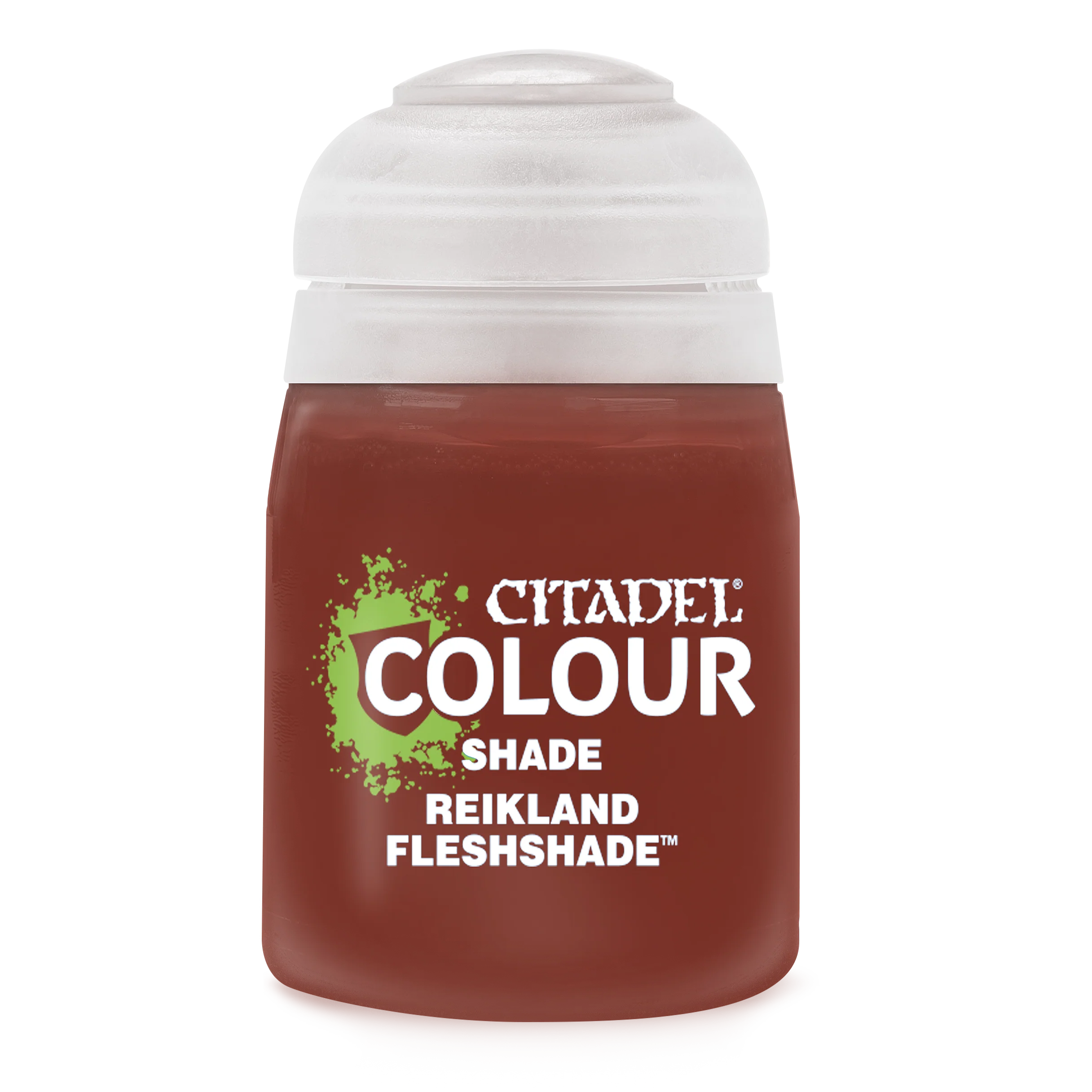 Citadel Colour Shade Paint in Reikland Fleshshade, 18ml bottle, featuring a dark flesh tone for miniature painting.