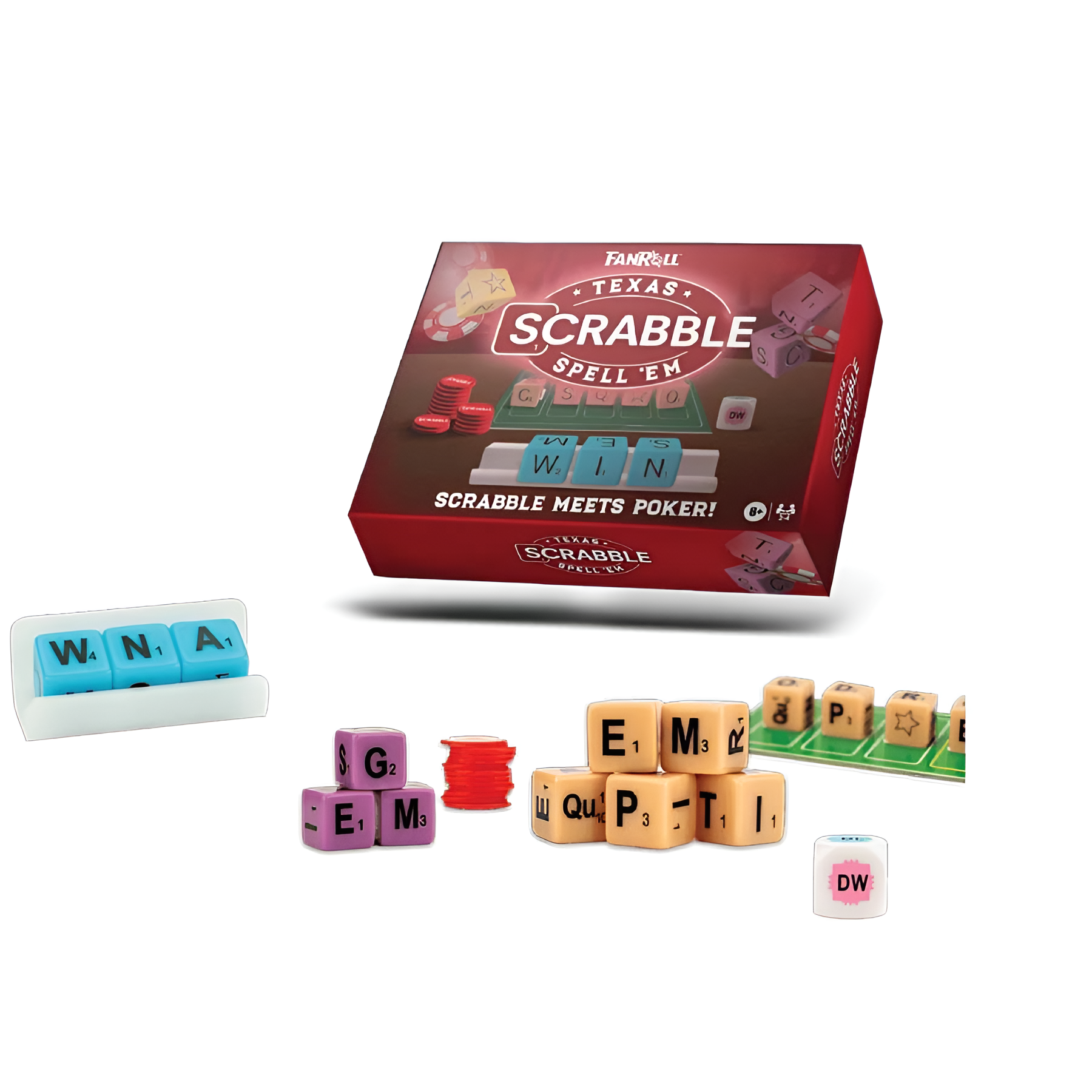 Hasbro Scrabble Texas Spell 'em game box with letter dice, score chips, and a scoring tray for strategic gameplay.