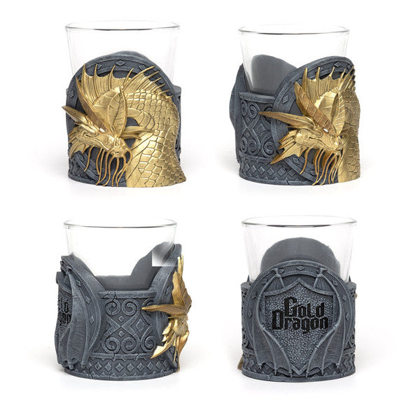 Dungeons & Dragons Mini Dice Cups Series Two featuring intricate dragon designs in gold and gray, ideal for gaming.