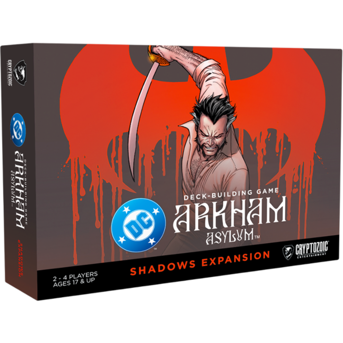 DC Comics Deckbuilding Game: Arkham Asylum Shadows Expansion box featuring a character with a sword and a red background.
