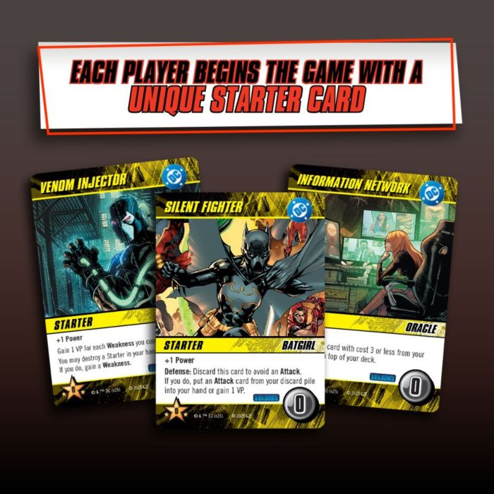 Three unique starter cards from the DC Comics Deckbuilding Game: Arkham Asylum: Shadows Expansion, featuring Venom Injector, Silent Fighter, and Information Network.