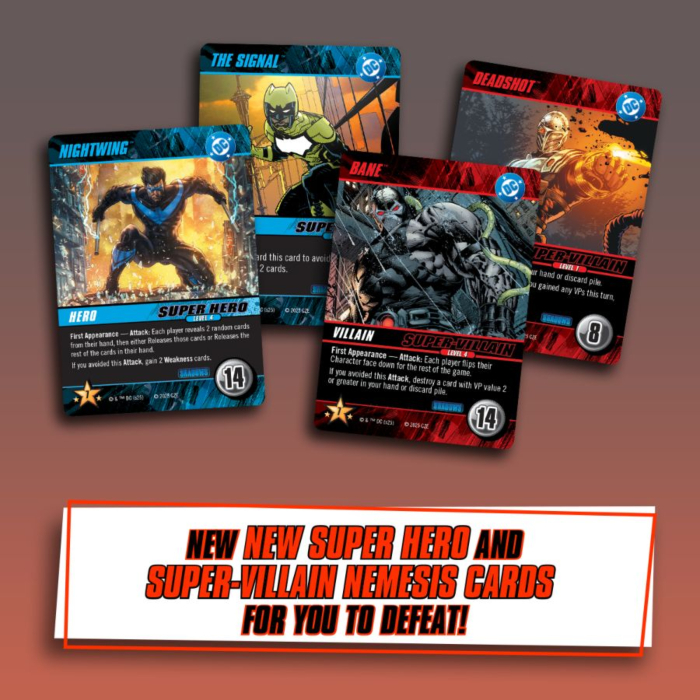 Four cards from the DC Comics Deckbuilding Game: Arkham Asylum Shadows Expansion featuring Nightwing, The Signal, Bane, and Deadshot.