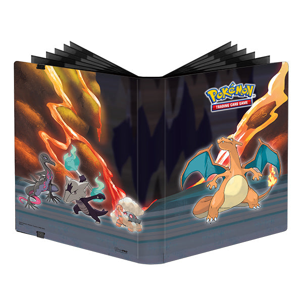 PRO 9-Pocket Pokemon binder featuring Scorching Summit artwork with Charizard and other Pokemon against a fiery backdrop.