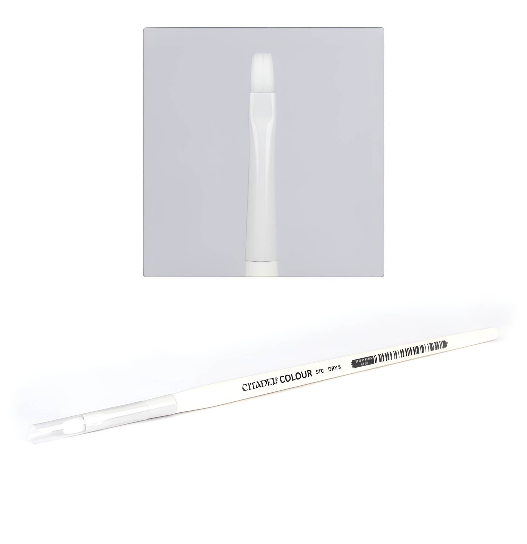 Small synthetic dry brush from Citadel Tools, featuring a flat, tapered tip for precise painting and detailing.