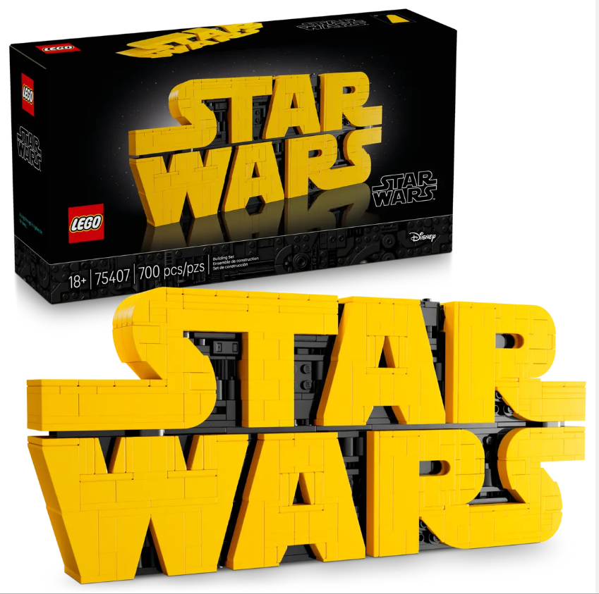 LEGO Brick-Built Star Wars Logo set featuring bold yellow lettering against a black background, with 700 pieces.