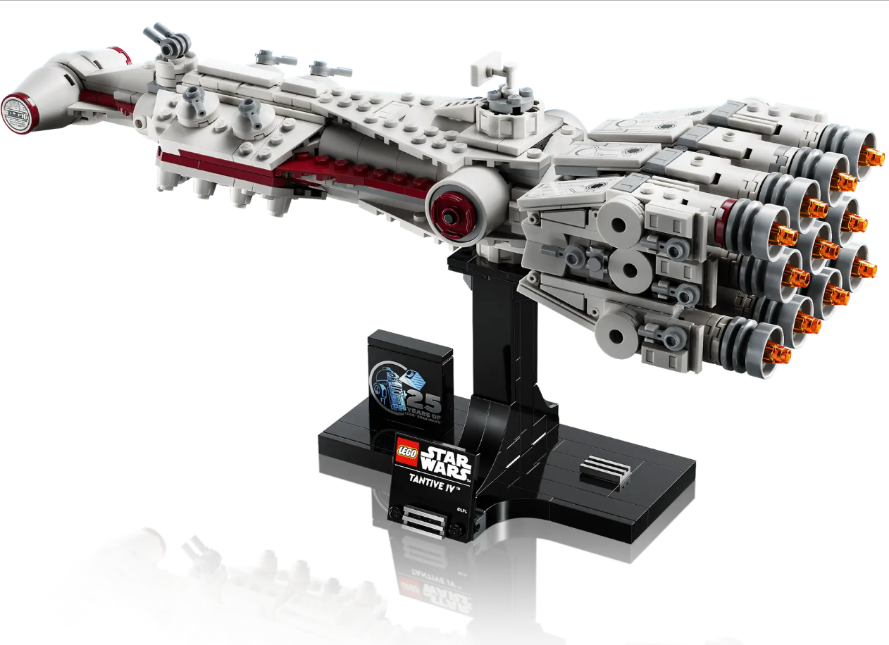 LEGO Star Wars Tantive IV model (75376) displayed on a stand, showcasing intricate details and engine design.