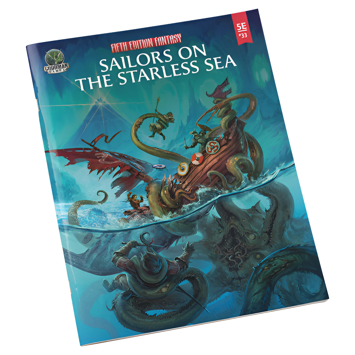 D&D 5E adventure book "Sailors on the Starless Sea" featuring a dramatic underwater scene with adventurers and a sea monster.