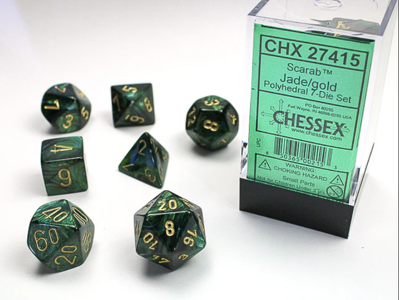 Chessex Scarab Jade/Gold 7-die set featuring green and gold polyhedral dice displayed with packaging.