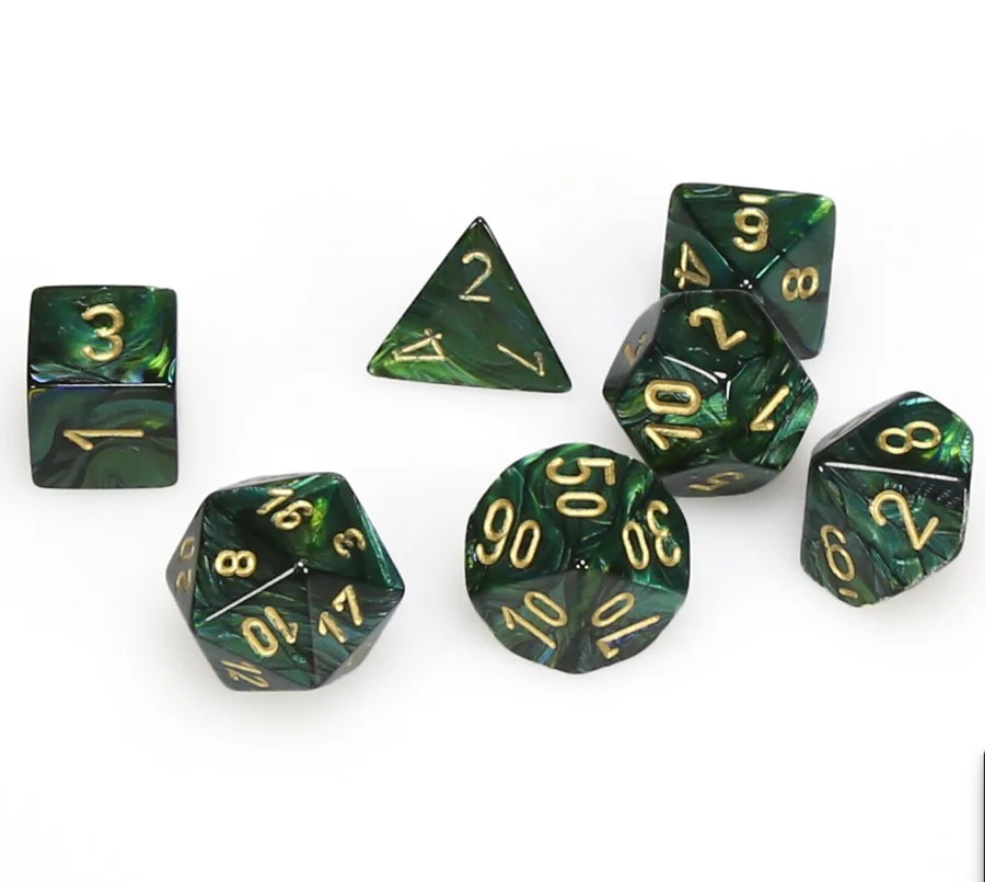 Chessex Scarab Jade/Gold 7-die set featuring green and gold dice, including d4, d6, d8, d10, d12, d20, and d100.