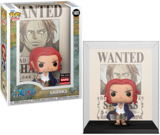 Funko POP! figure of Shanks from One Piece, displayed with a wanted poster in a protective case, featuring a shared exclusive sticker.