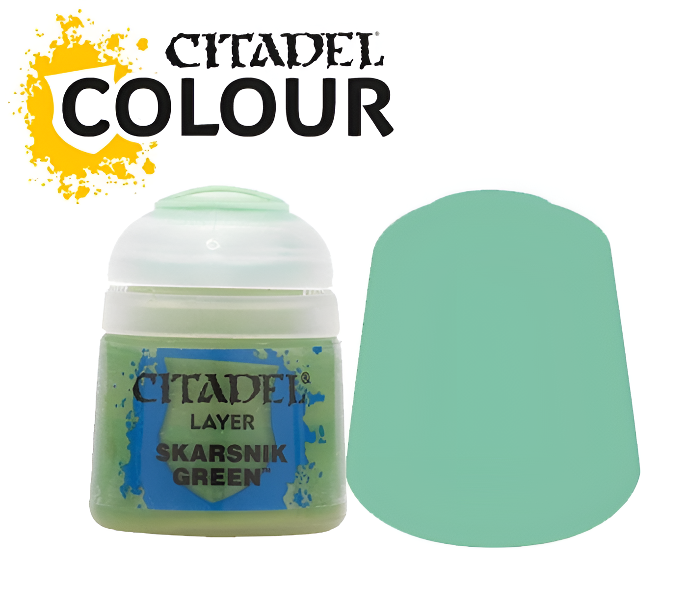 Citadel Layer Skarsnik Green paint in a 12ml container, with a swatch of the vibrant green color beside it.
