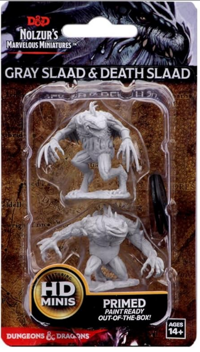 Unpainted miniatures of Grey Slaad and Death Slaad from Dungeons & Dragons, ready for painting and tabletop gaming.